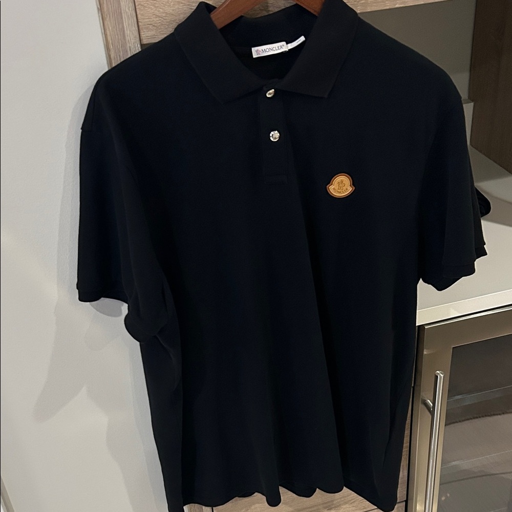 Moncler black Polo with Leather Logo Patch